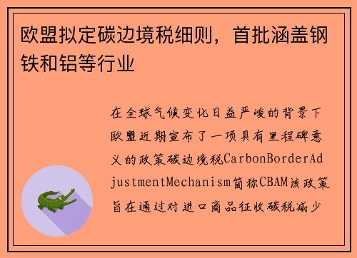 欧盟拟定碳边境税细则，首批涵盖钢铁和铝等行业
