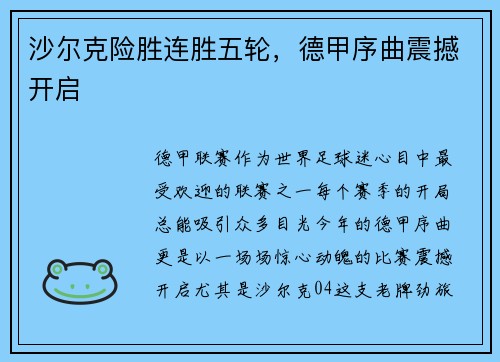 沙尔克险胜连胜五轮，德甲序曲震撼开启